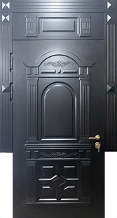 Нестандартная входная термодверь с фрамугой, панелями МДФ черного цвета