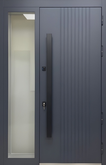 Входная термодверь с остекленной боковой вставкой, бугельной ручкой и серыми панелями МДФ антрацит