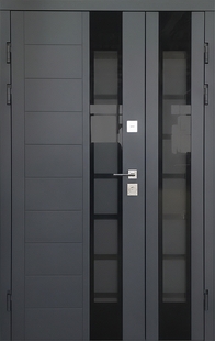 Утепленная полуторная термодверь с тонированными стеклами и панелями МДФ графит